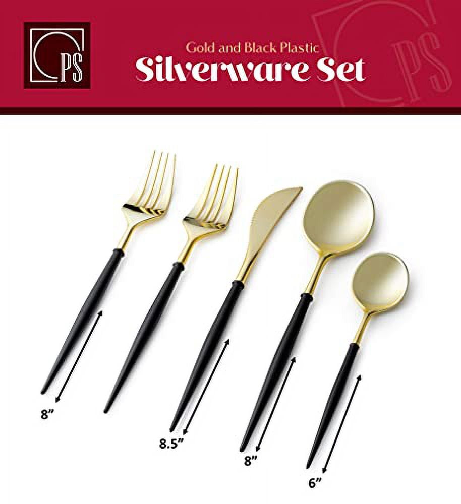 Black & Gold Plastic Cutlery Set for 8