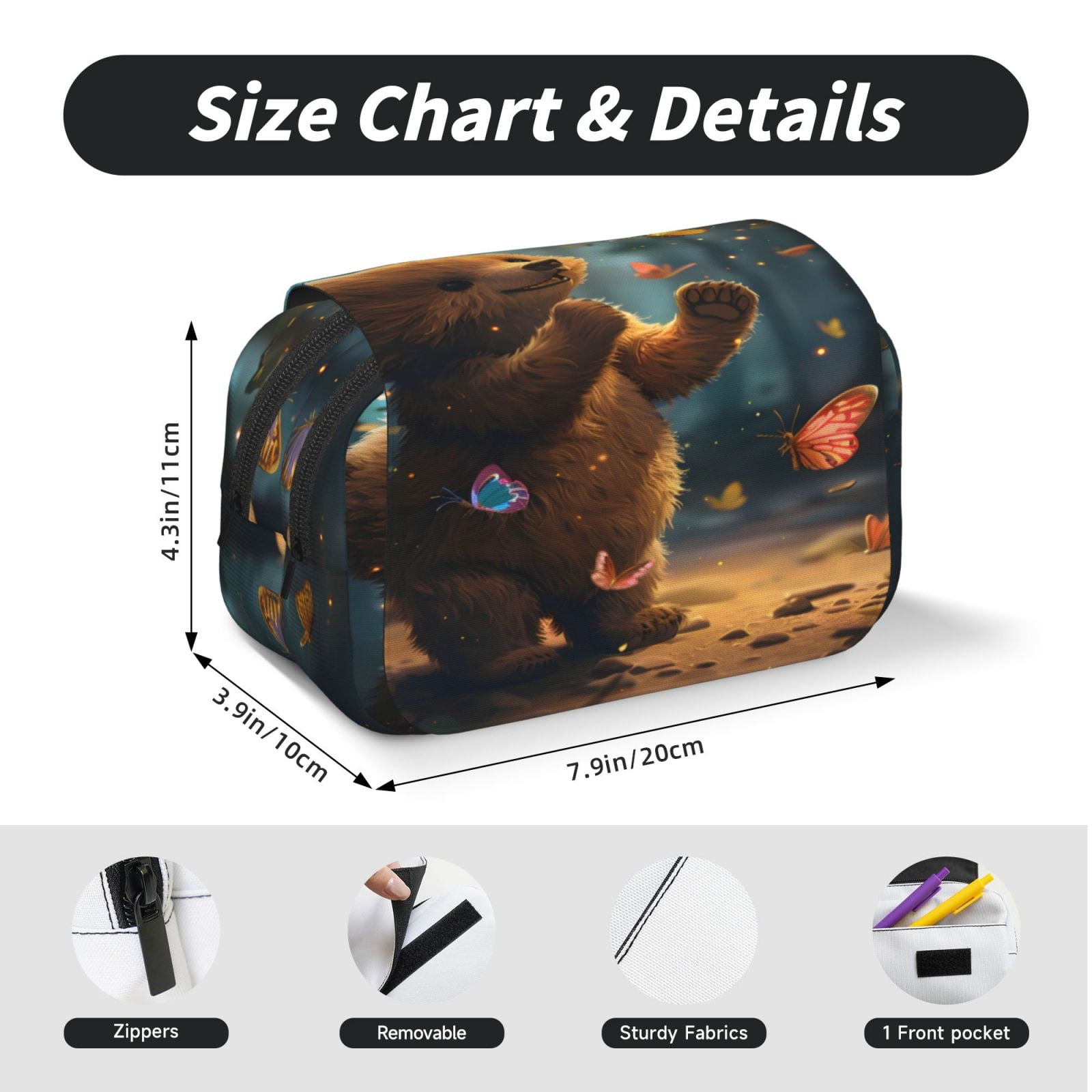 Rateoe Cute Butterfly Bear Pattern Double Clamshell Pen Case, Storage Organizer with Two Zipper Compartments– Holds Up to 50 Pencils & Pens