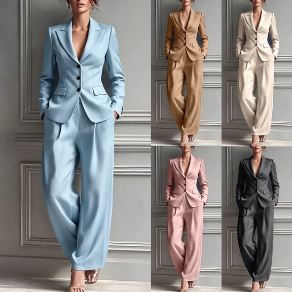 Womens 2 Piece Blazer Set Business Casual Pant Suits Single Breasted Lapel Jacket and Wide Leg Trousers office Work formal Outfit Sky Blue