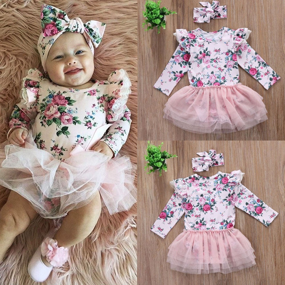Headband 2 Pieces Outfits Set Infant Toddler Baby Girl Floral Dresses Long Sleeve Knit Dress Skirt