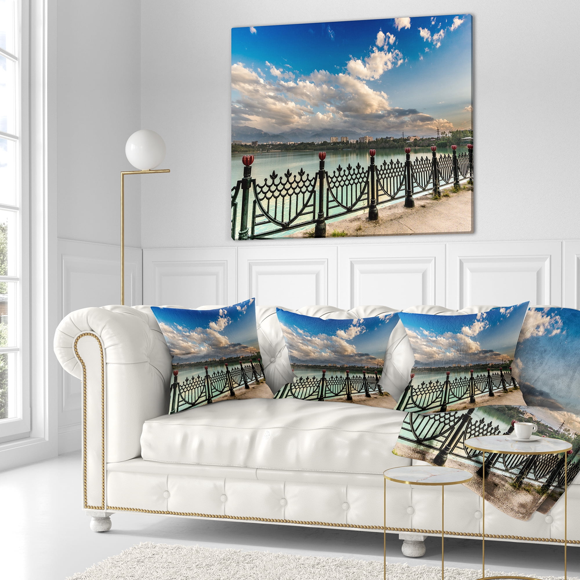 Designart City Lake Under Clouds - Cityscape Photography Throw Pillow - 16x16