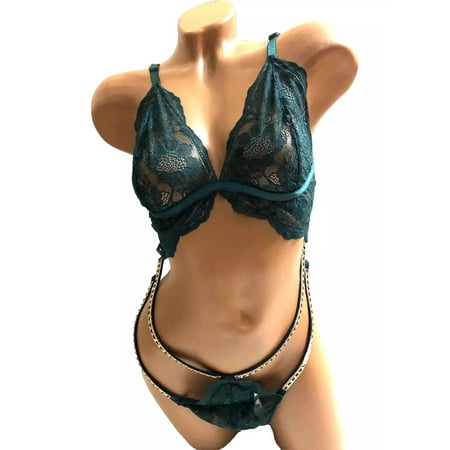 Victoria s Secret Lingerie Teddy One Piece Bodysuit Green Lace Rhinestone Gold Chain X-Large NWT