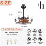 20 inch Brown Caged Ceiling Fan with Lights, Industrial 6-Light Fan Light Fixture with Remote Control, Reversible 6-Speed for Bedroom,Living Room.