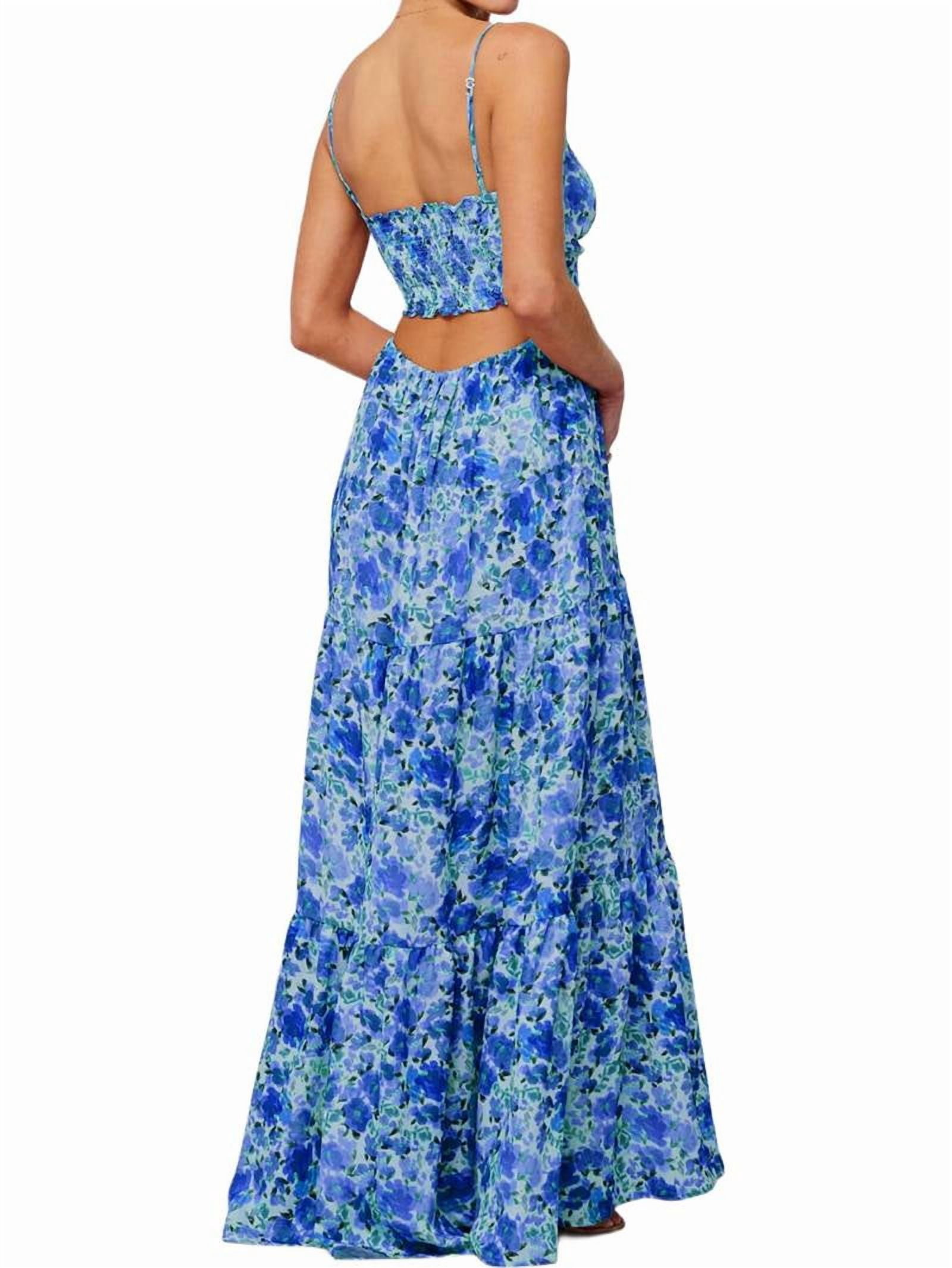 Summer Floral Sundress for Women Spaghetti Straps Hollow Out Tie Front Maxi Dress Flowy Smocked - Dress Blue M