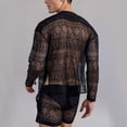 thumbnail image 4 of ZVNAΖH Men's Lace 2-Piece Set Geometric Crochet Long Sleeve Mandarin Collar Shirt & Shorts Summer Beach Vacation Outfit, 4 of 6