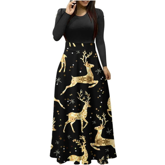 IROINNID Christmas Party Dresses for Women Long Sleeve Funny Christmas Print A-Line Flare Dress,Black
