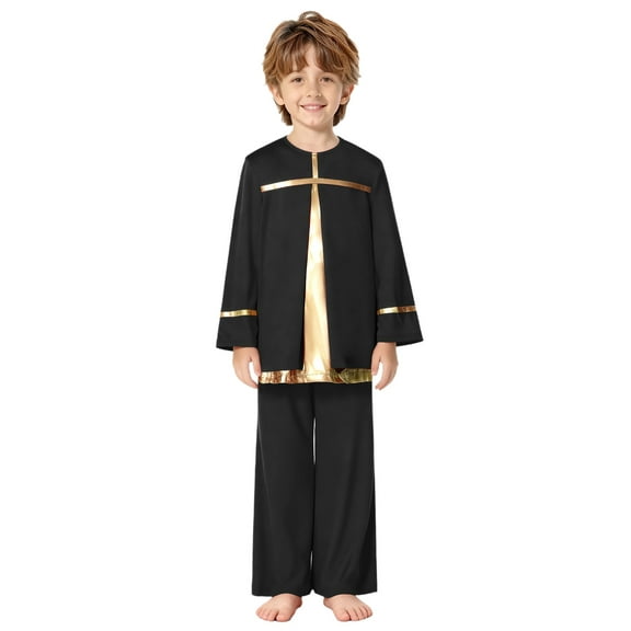 vastwit Kids Liturgical Praise Dance Outfit Long Sleeve Metallic Pullover Top with Wide Leg Pants Worship Dancewear Black 6