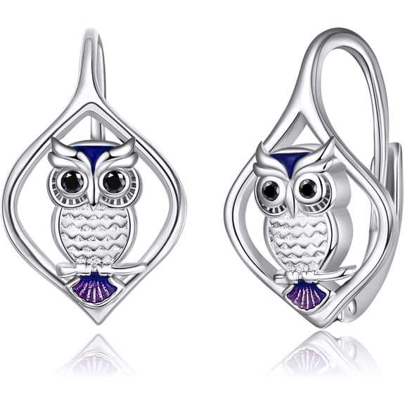 Owl Earrings Sterling Silver Leverback Dangle Drop Hoop Earrings for Women Teens Birthday Anniversary Jewelry Gifts for Women Non-Allergenic Earrings[i117]