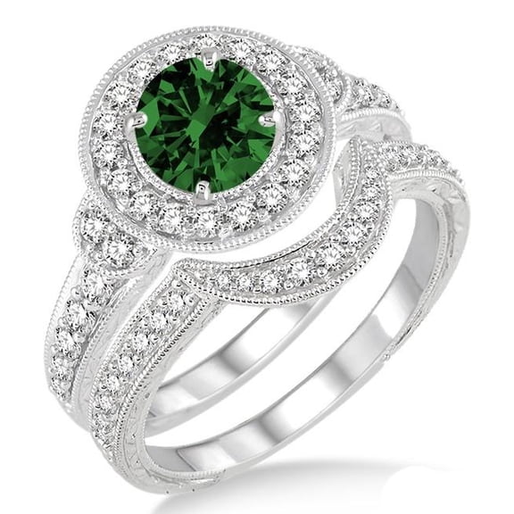 2.25 Carat Green Emerald 6mm Round Cut Antique Halo Bridal Set Moissanite Diamond Engagement Ring on 10k White Gold