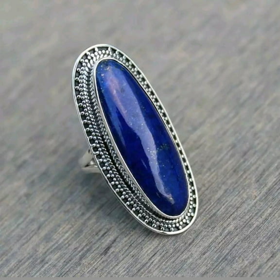 Natural Lapis Lazuli Ring, Long Oval Shape Gemstone, Blue Gemstone Ring, 925 Sterling Silver Ring, Designer Ring, Women's Ring, Gift Item**