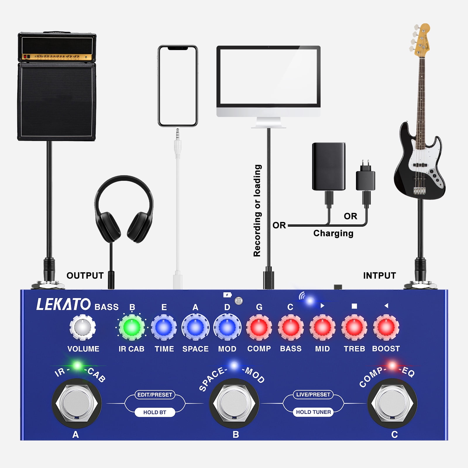 LEKATO Bass Multi Effects Pedal, Guiter Peda with IR Loading 9 AMP Models, Delay Reverb Chorus, Multi Effects Processor for Bass, Bluetooth 5.0,Recording, Built-in Battery