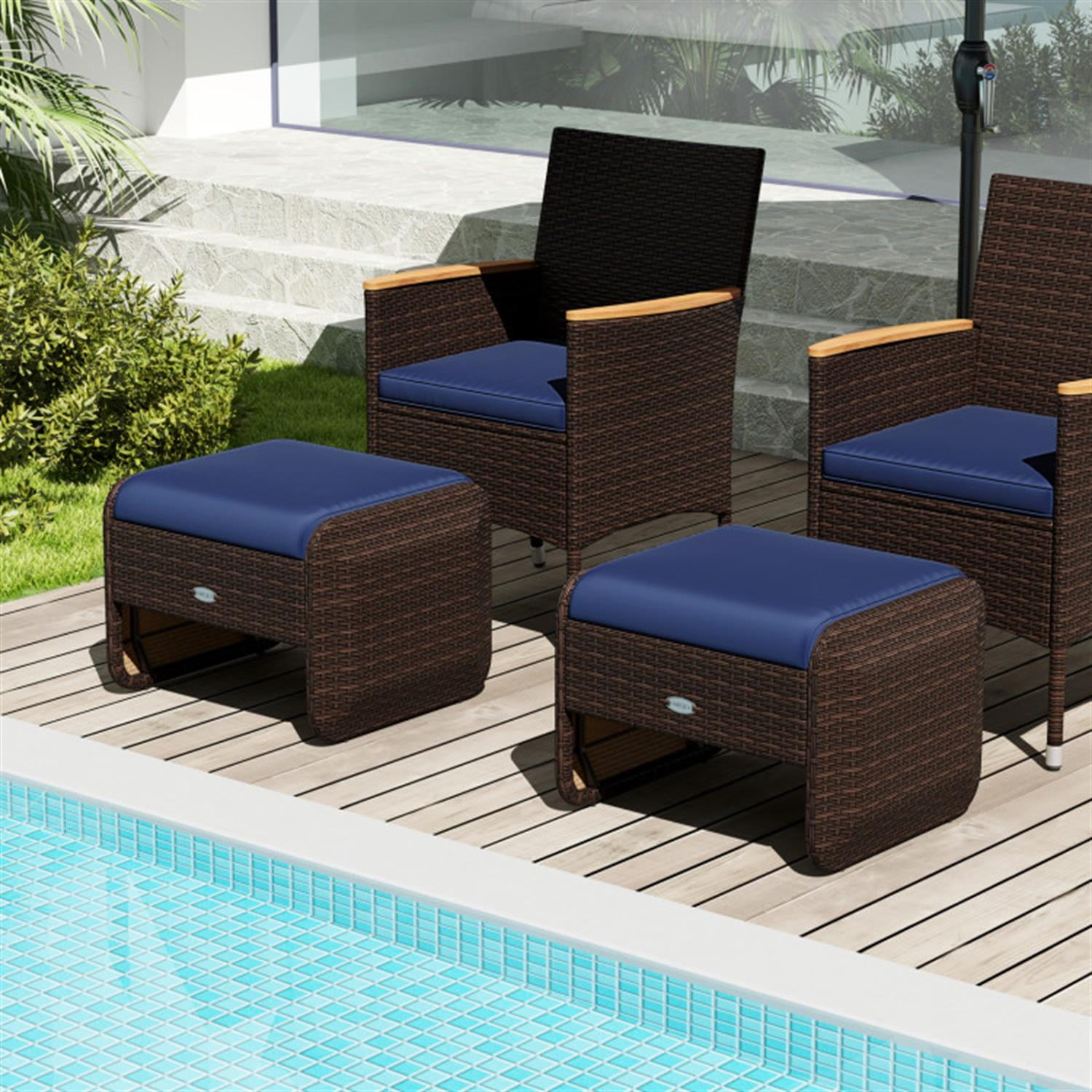 Demi Bonn 2 Pieces Outdoor Patio PE Wicker Ottomans with Removable Cushions for Yard, Pool or Backyard, Blue