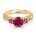 thumbnail image 2 of Gem Stone King 18K Yellow Gold Plated Silver Red Created Ruby Pink Moissanite and White Moissanite Engagement Ring for Women (2.09 Cttw, Gemstone July Birthstone, Round 7MM and 4MM, Size 8), 2 of 3