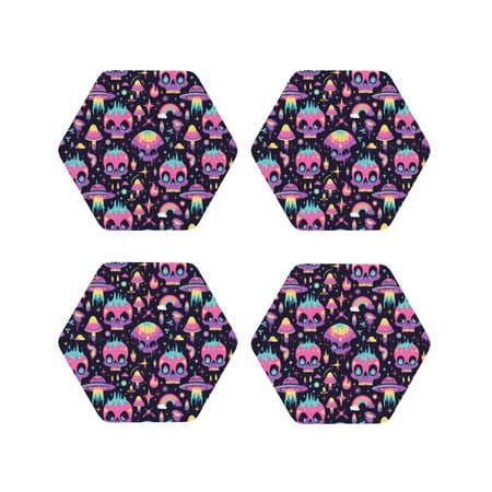 

Coasters Set of 4 - cartoon Skull rainbow space Drink Coasters for Tabletop Protection Leather Coasters for Living Room Decor and Housewarming Gift Hexagon