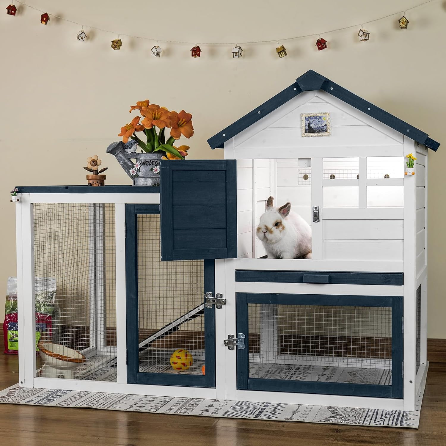 Bunny Hutch Indoor Outdoor Rabbit Cage with Weatherproof Roof | Chicken Coop Animal House, Wire Floor, Pull-Out Tray, Chew-Resistant Ramp & Entrance, Openable Waterproof & UV-Resistant Roof