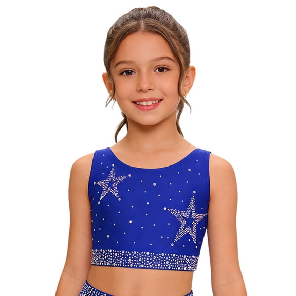 Hansber Kids Girls Dance Crop Tops Sleeveless Rhinestone Stars Crisscross Straps Cropped Vest Athletic Shirts Blue 16