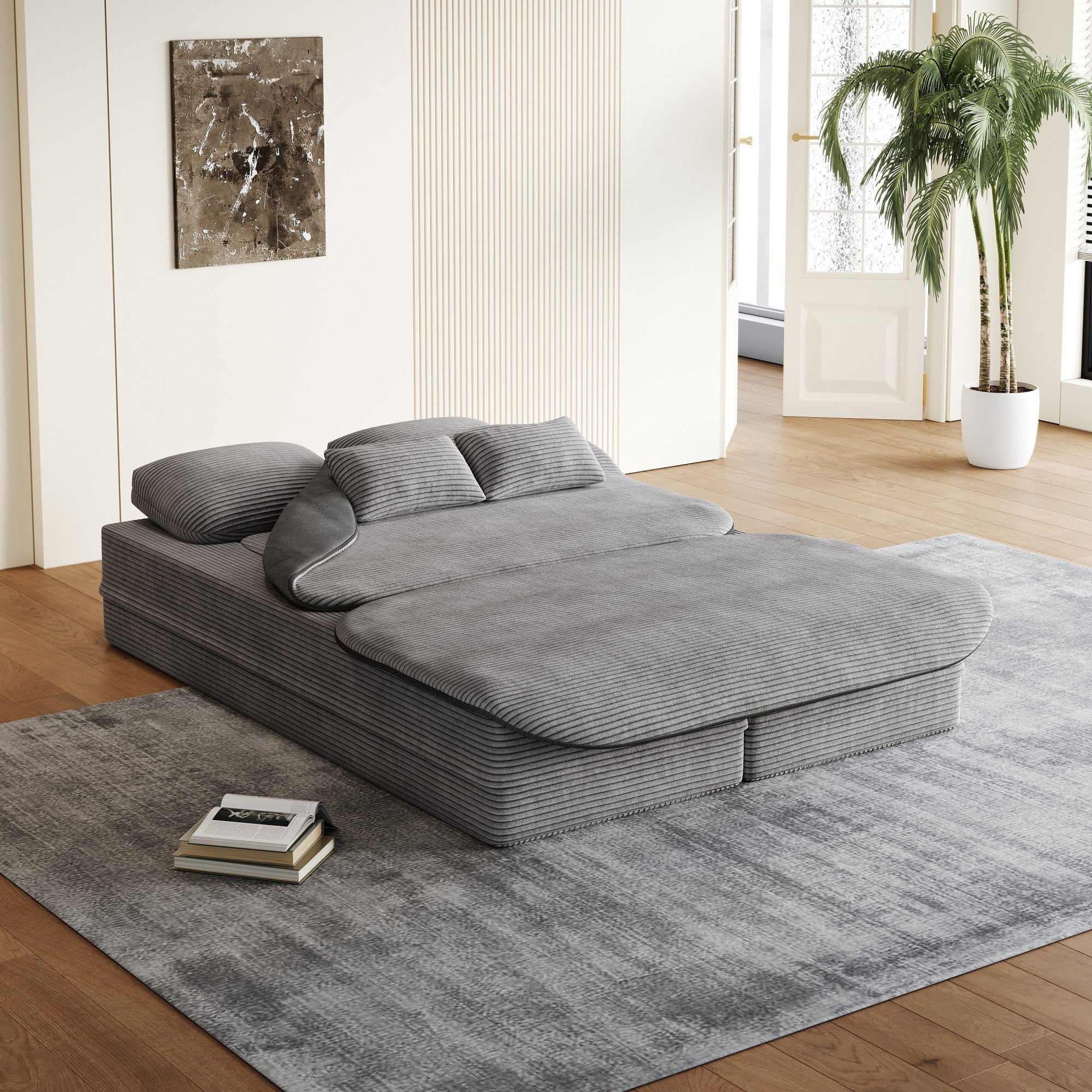 Sailvan 75" Convertible Sleeper Sofa, Corduroy Floor Couch to Full Bed with Blanket and 4 Pillows Grey
