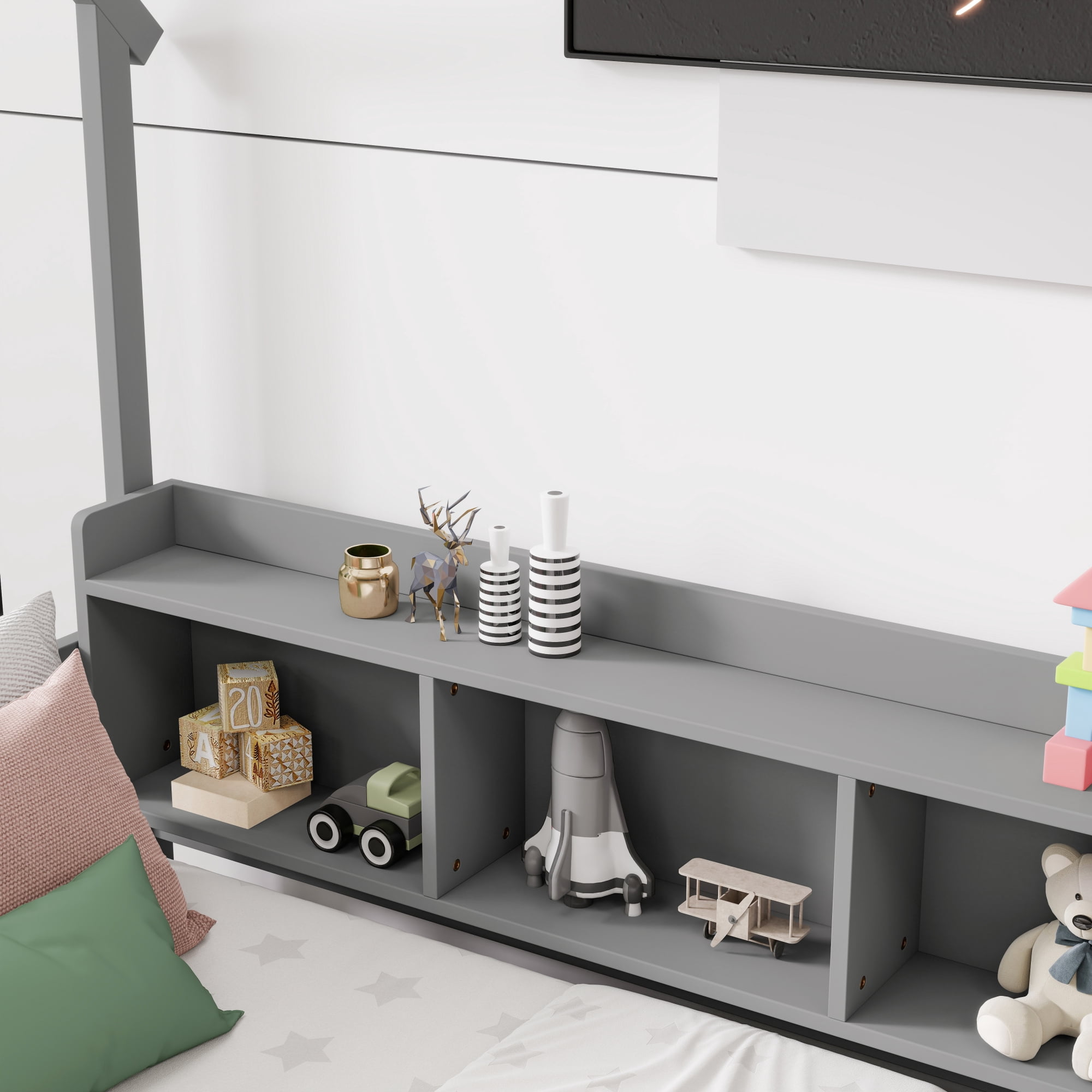 Leumius Full Size House Floor Bed with Storage Shelves,Built-in LED Lights & Charging Station,Pine Wood Floor Bed Frame with Safety Guardrails for Kids Bedroom Grey