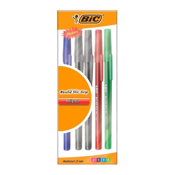 Bolígrafos Bic Round Stic Punto Mediano Varios Colores 5 pzas