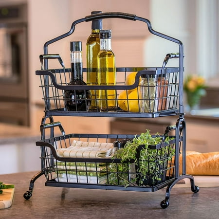 Two Tier Brushed Wrought Iron Basket With Arched Handle Two Tier Brushed Wrought Iron Basket With Arched Handle