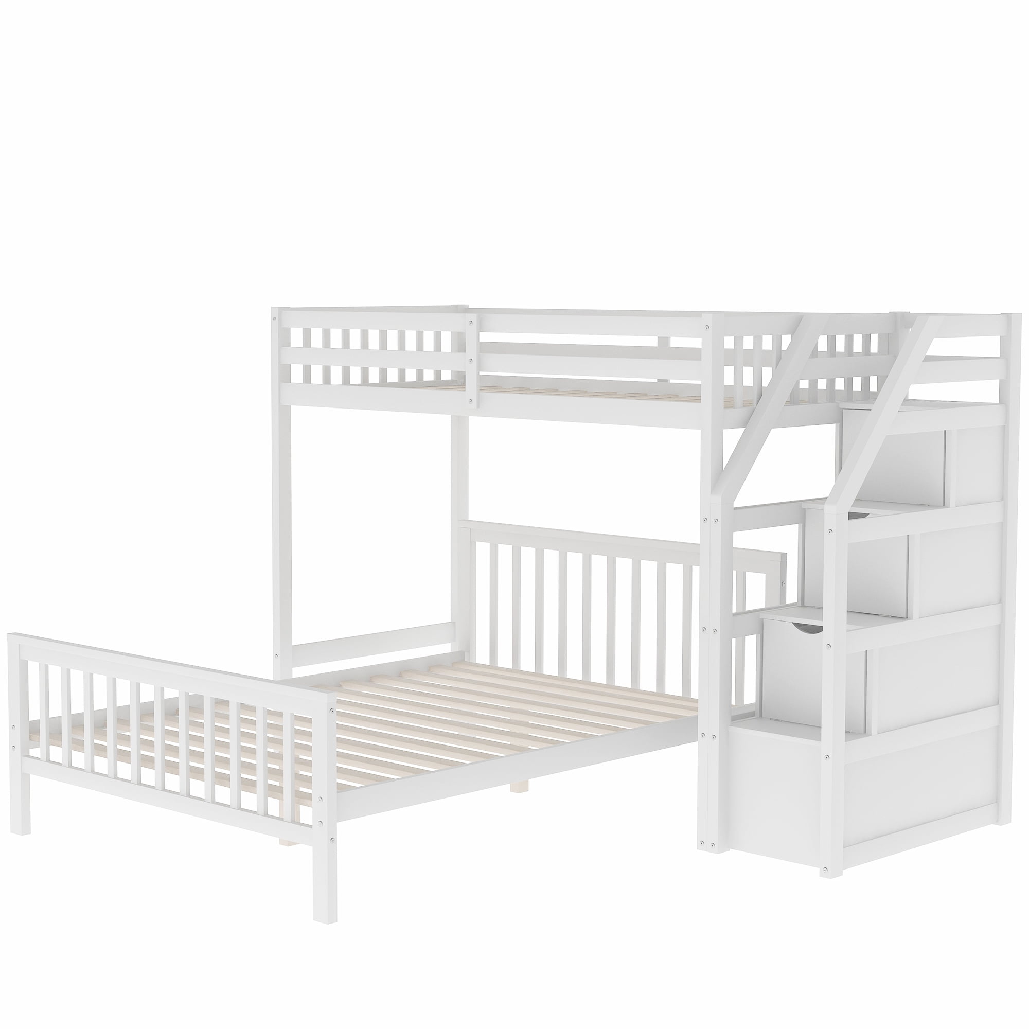 Euroco Modern Wood Twin over Full Bunk Bed, Loft Bed with Moveable Full Bed, Storage Staircase for Kids Teens Adults, White