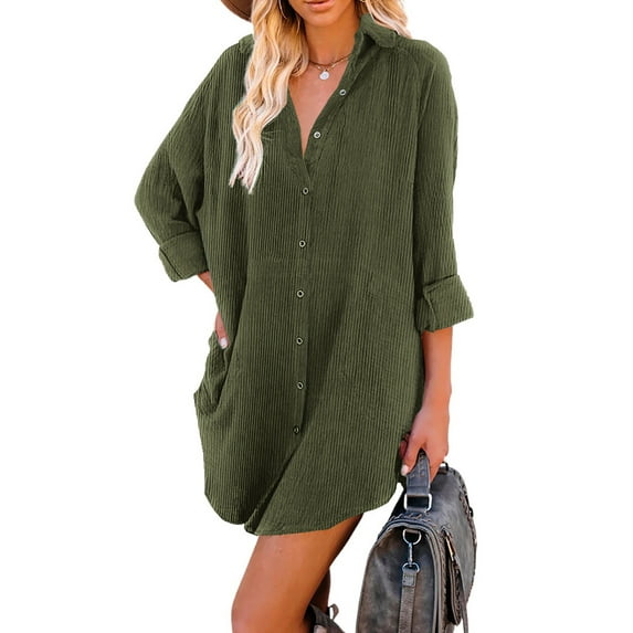 Asyoly Womens Dresses Solid Button Down Oversized Corduroy Shirt Dress Casual Long Sleeve Tunic Dresses with Pockets