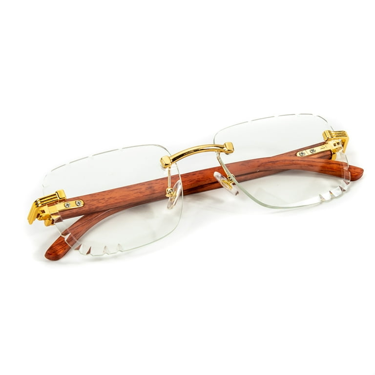 Vintage Geometric Luxury Red Wood Arm Rimless Clear Tint Gold