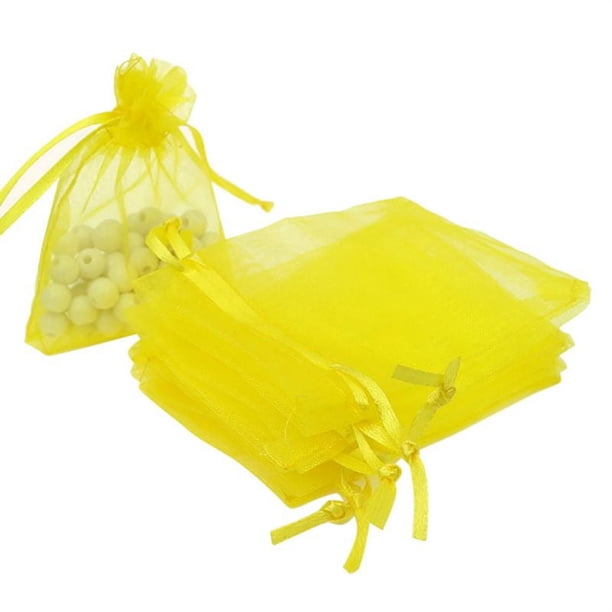 Xiao Hua Bolsas de regalo pequeñas de malla con cordón, amarillas, 15 x 20 cm, para dulces, 100 unidades