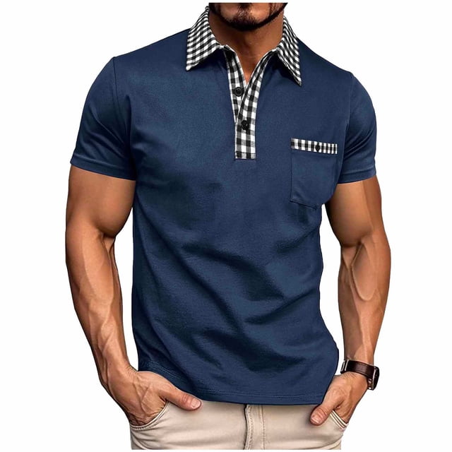 Casual de Manga Corta de los Hombres Medio Botón Solapa Blusa Superior, Tela de Poliéster Transpirable para Todo el Uso de Temporada