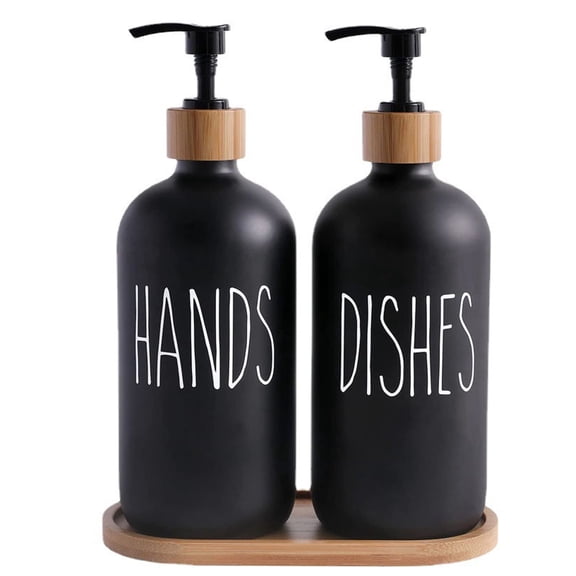HBK Glass Soap Dispenser Set with Bamboo Tray, Matte Black Dish and Hand Soap Bottles for Kitchen Sink, 2 Count