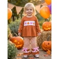 thumbnail image 5 of Loicainy Baby Toddler Girl Halloween Outfits 6 12 18 24 Months 2T 3T 4T Pumpkin Bow Embroidery Long Sleeve Round Neck Tops + Elastic Waist Plaid Flare Pants 2 Pcs Clothes Set, 5 of 9