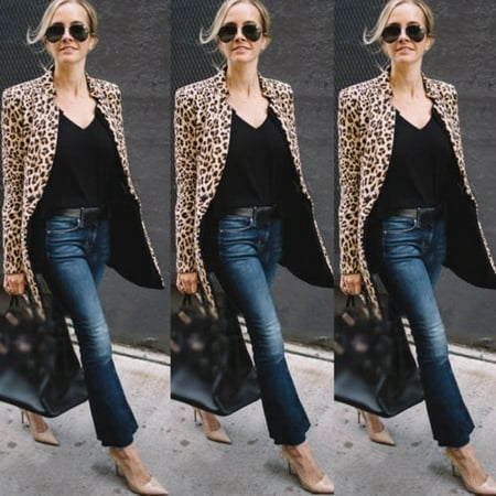 Fashion Women Leopard Print Long Sleeve Cardigan Jacket Casual Coat Business Suit Jacket (Best Business Casual Jacket)