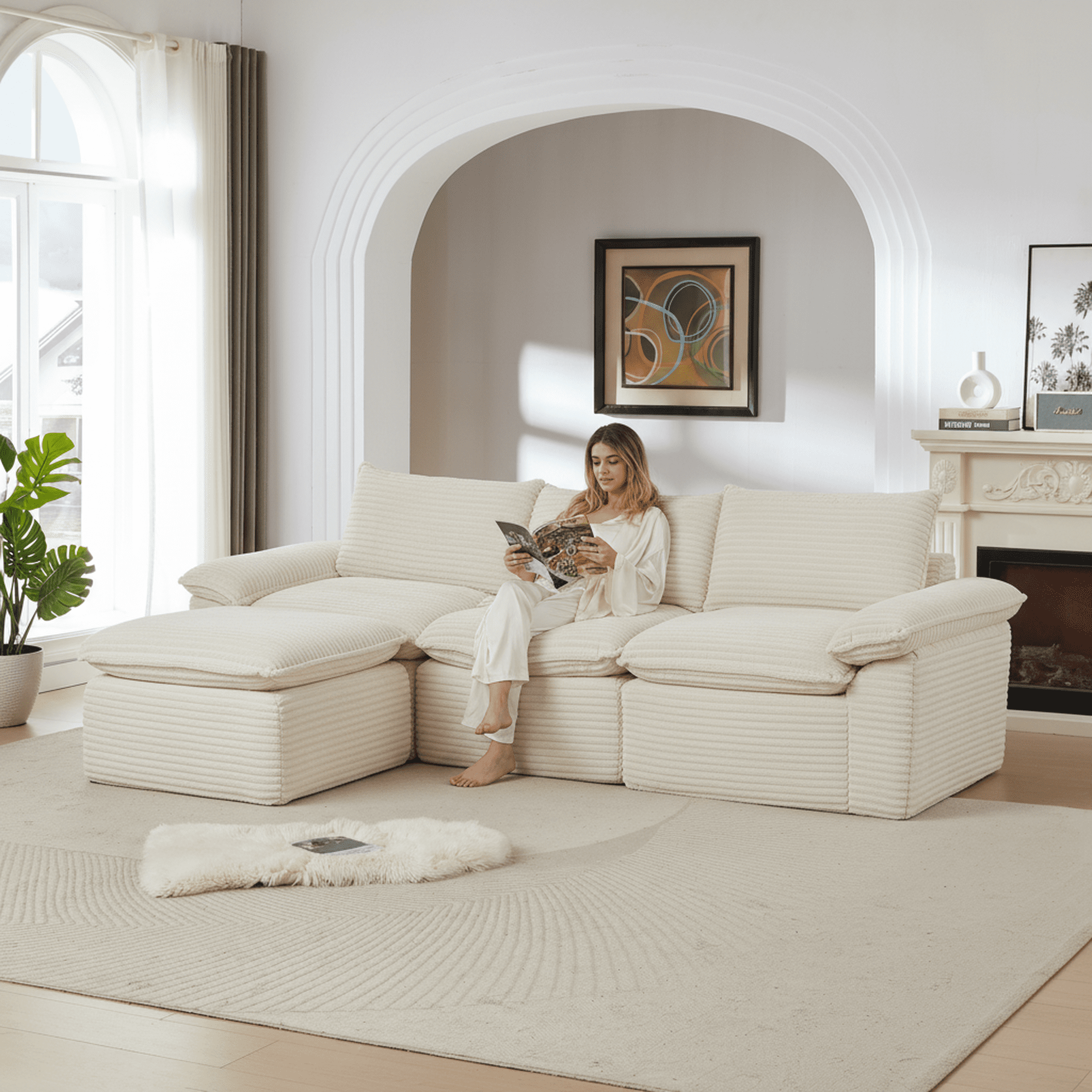 MAYEERTY Modern Modular Corduroy Sofa, White Cloud-Soft Sectional Couch for Apartment
