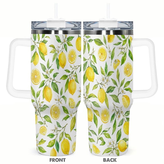 40oz Lemon Citrus Floral Insulated Tumbler with Handle and Straw Summer Fruit Travel Cup Stainless Steel Vacuum Coffee Cup Gift