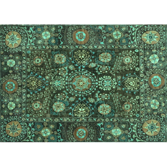 Ahgly Company Machine Washable Indoor Rectangle Oriental Turquoise Blue Traditional Area Rugs, 7' x 9'