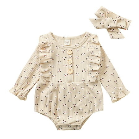 

OVTICZA Baby Toddler Girls Ruffle with Headband Set Floral Long Sleeve Bodysuits Beige 90