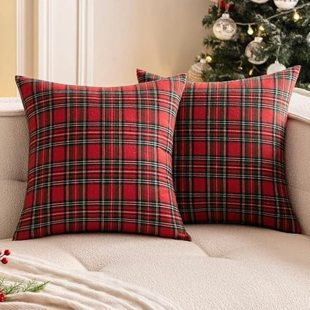HAYAN 24x24 Inch Euro sham Set of 2 Scottish Tartan Plaid Throw Pillow Covers Farmhouse Classic Plaid Decorative Square Cushion Cases Christmas Home Decor for Bed Sofa Couch Livingroom,Red