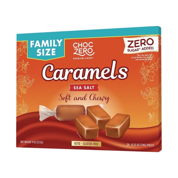 ChocZero Sugar Free Sea Salt Caramels, Soft Chewy Keto Candy, No Sugar Alcohols, 9 oz Box