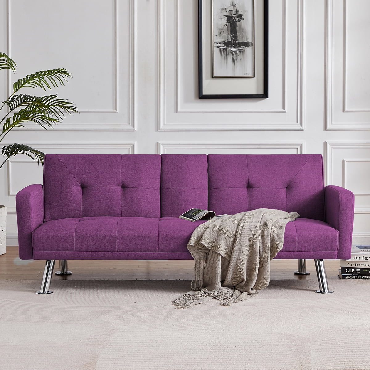 Aukfa Futon Tufted Back Convertible Sofa with 2 Cup Holders - 72" Twin - Purple