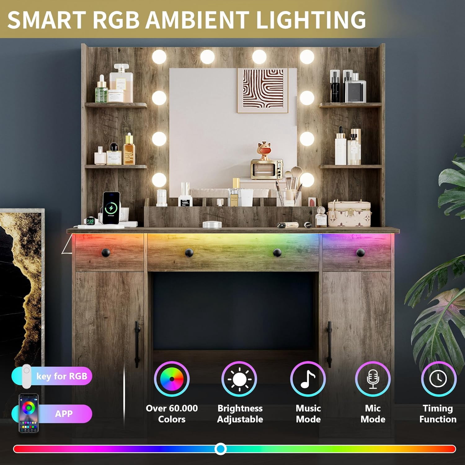FANRAL 43'' Vanity Desk with 10 LED Lights,Under-Table RGB Strip & Built-in Power Station,Multi-Storage Makeup Table for Bedroom Bathroom Grooming,Gray Vanity