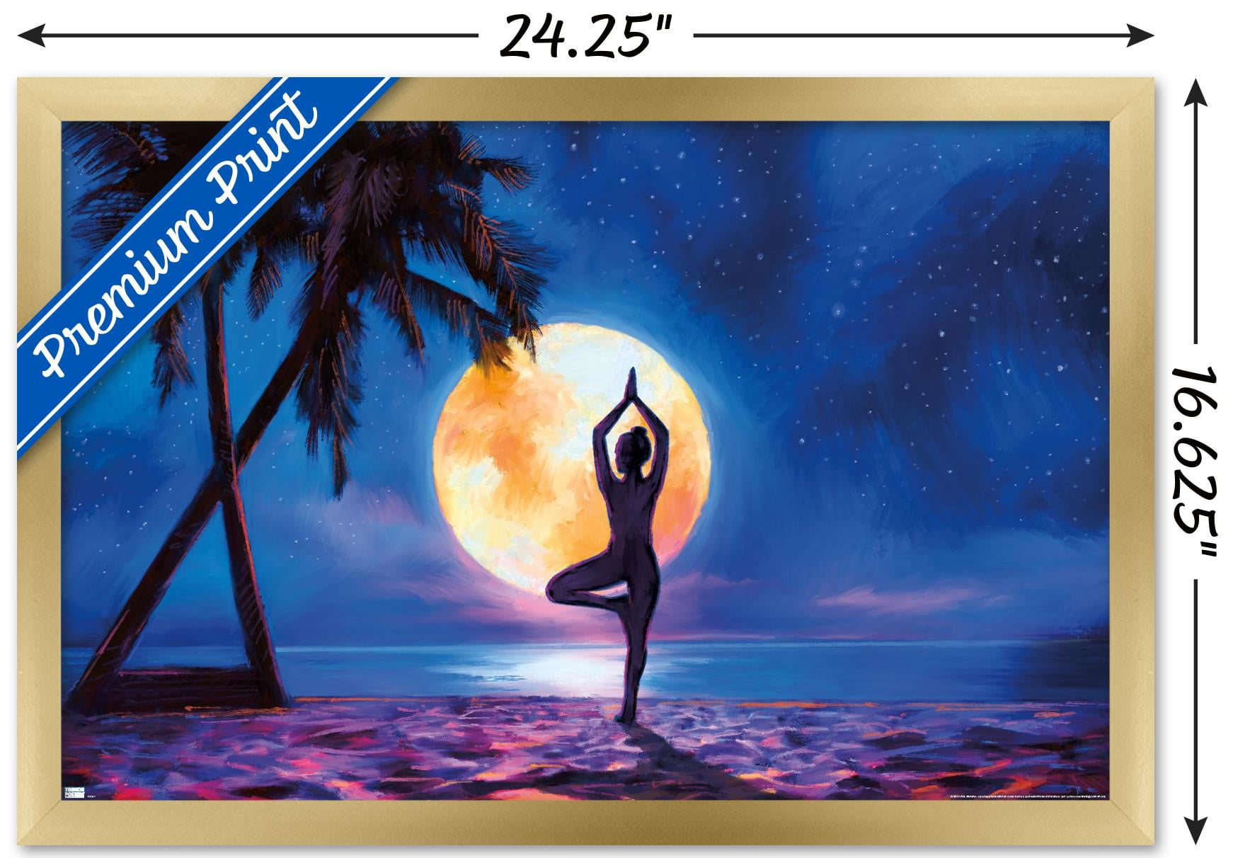 PD Moreno - Fine Art - Yoga Moonlight Beach Wall Poster, 14.725" x 22.375" Framed