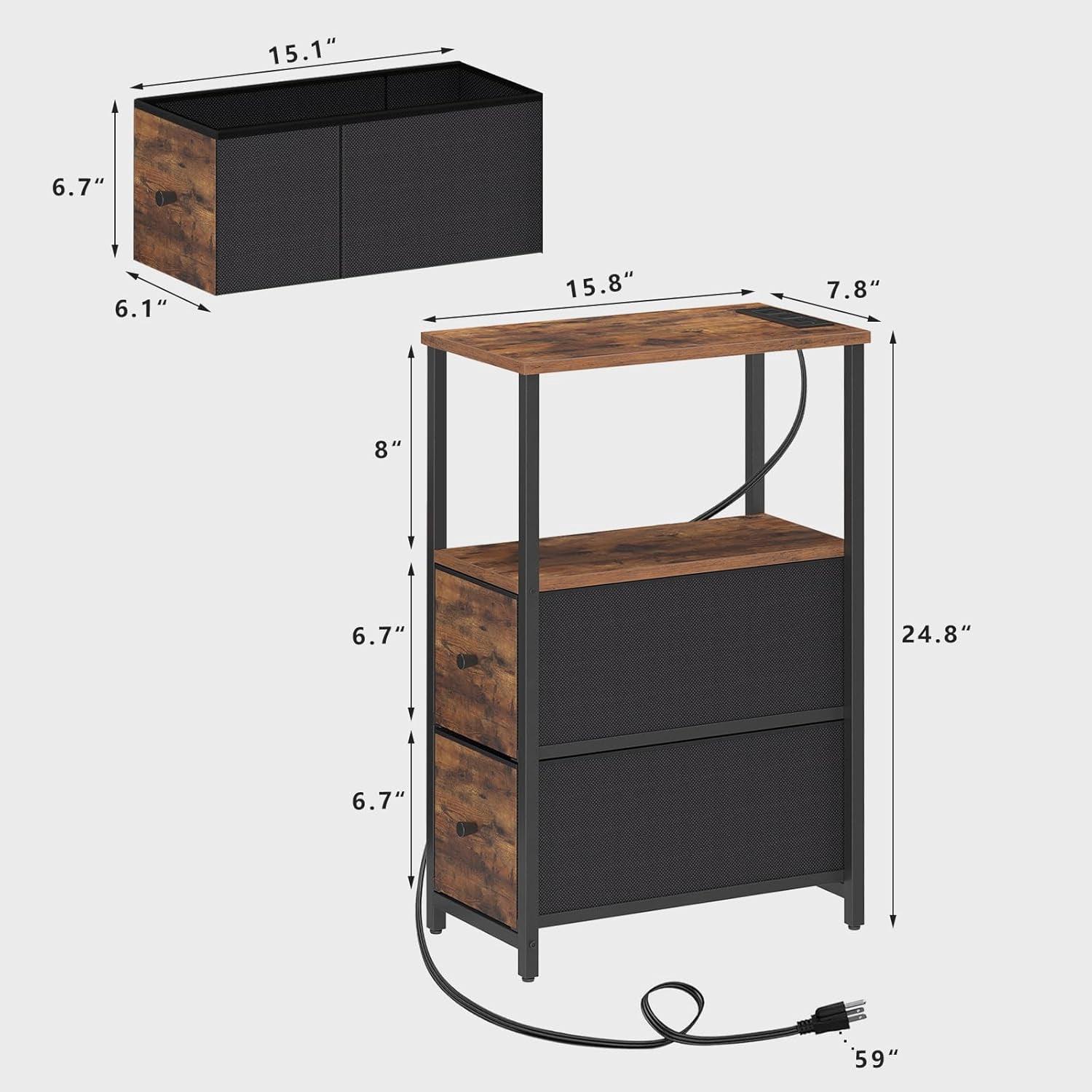 Small Narrow LED End Table with Charging Station, Side Table Outlets, Nightstand with 2 Cloth Drawers, Set of 2, Couch Table, for Living Room, Bedroom, Bedside, Brown TB01BB056