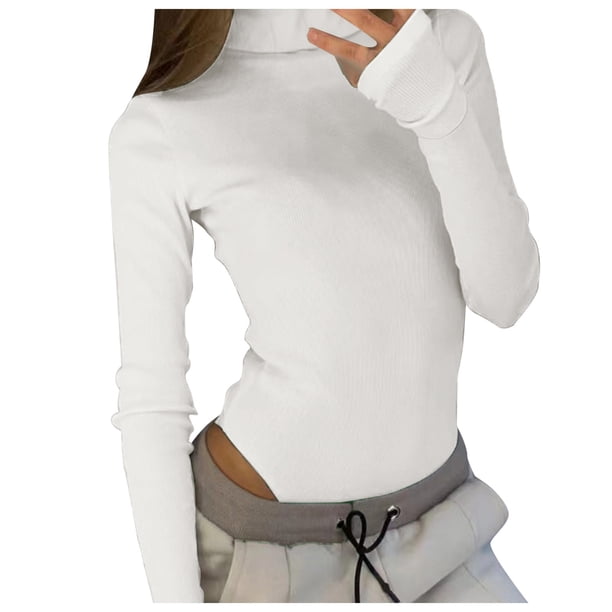 Gibobby Mono Ajustado de Verano Camiseta de cuello de manga larga de color sólido para mujer(Blanco, S)