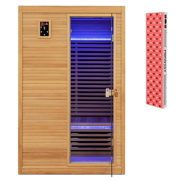 Costway 2 People Far Infrared Wooden Sauna Room with Bluetooth Speakers 4 Light Strips Free Red Light Therapy