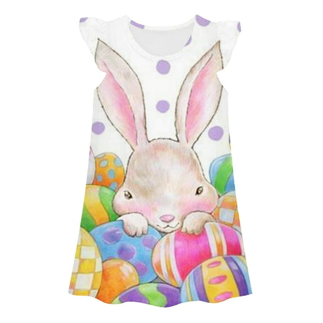 Toimothcn Kids Girl's Dresses Ruffled Sleeve Easter Cartoon Rabbit Bunny Egg Printed Pleated Dress With Hat Soft Lovely Princess Dresses Girl's Sundress 5-6 Years