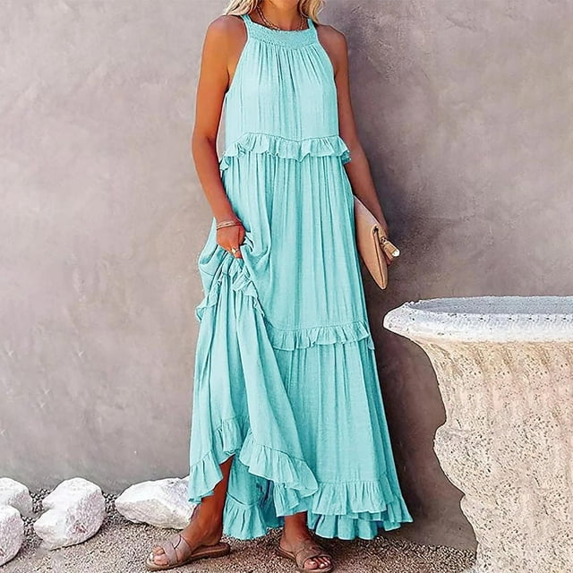 Robe Maxi Sans Manches, Robe d'Été Décontractée pour Femmes en Tissu Respirant, Longue Robe Élégante à Col Licou pour Tous les Jours