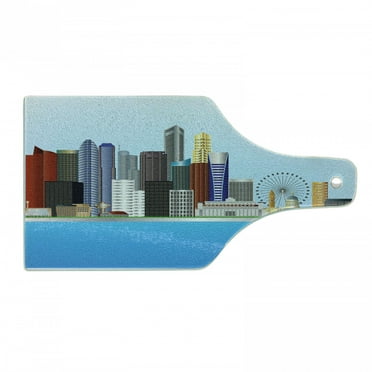 Singapore Cutting Board, Digitally Generated Illustration of Modern Urban Buildings Skyline and River, Decorative Tempered Glass Cutting and Serving Board, in 3 Sizes, by Ambesonne