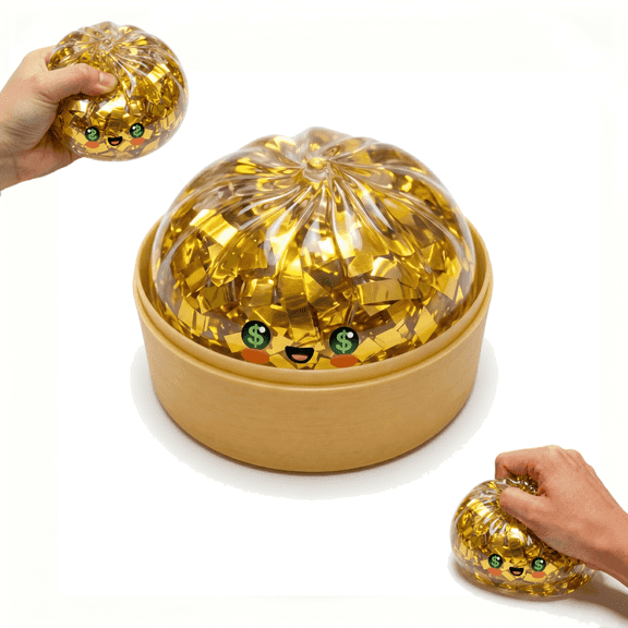 Golden Ticket Edition Dumpling Squishy, Glitter Dumpling with Steamed Box, Soft Squeeze Decompression Dough for Adults