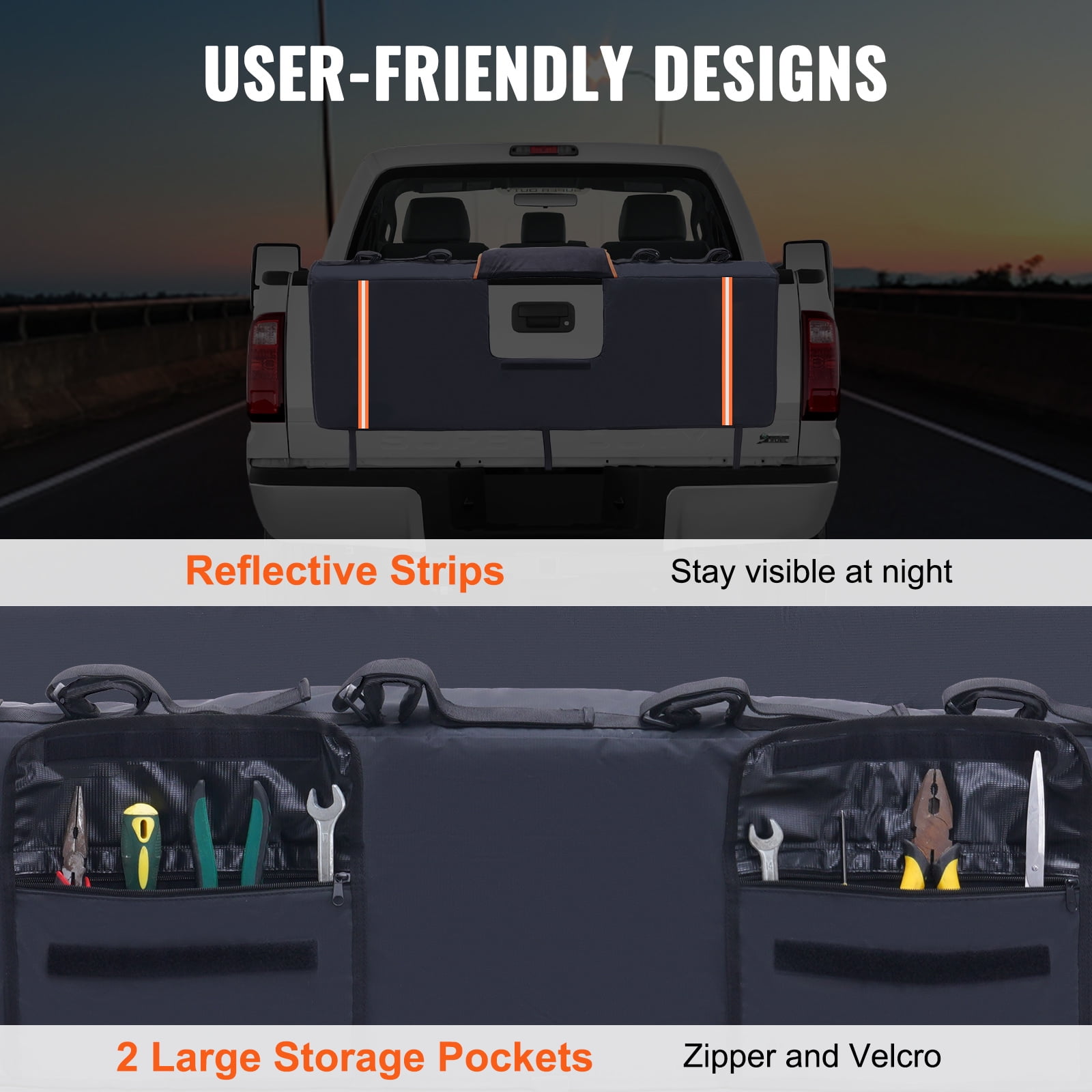 KFFKFF Tailgate Cycling Mat, 53" Pickup Rear Gate Cushion for Transporting 5 Bicycles, with Reflective Accents & Storage Compartments, Rear Gate Cover with Camera Slot for Mid-Size Truck