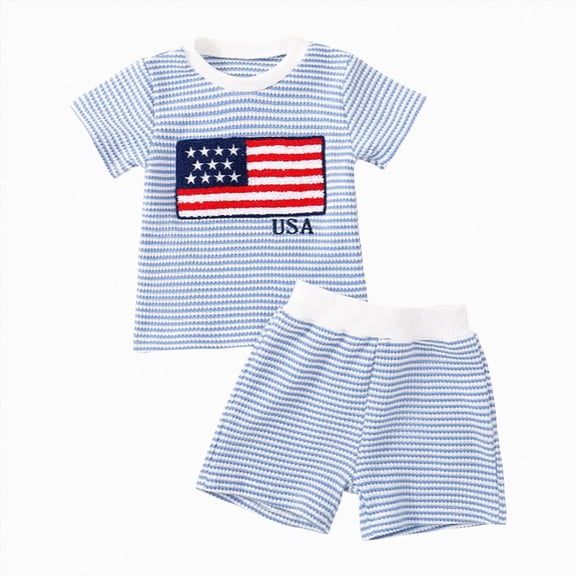 Xudanell 4th of July Toddler Baby Boy Outfit USA Flag Embroidery Stripe Waffle Knit Short Sleeve T Shirt Tops Shorts Set (0-6 Months,Light Blue)